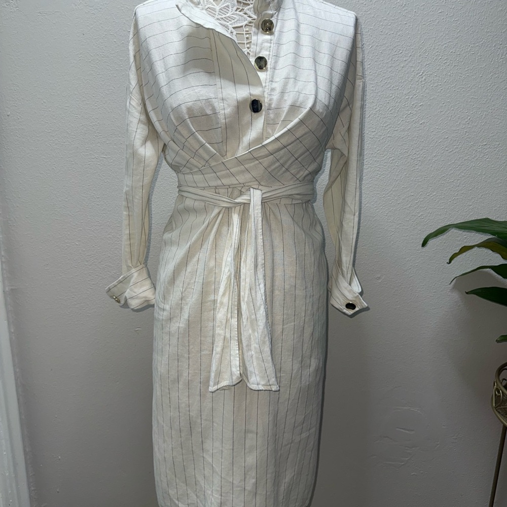 Zara Cream Pinstripe Long Sleeve Wrap Dress